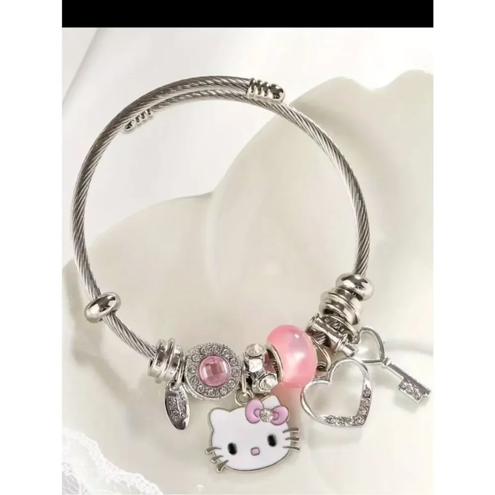 Hello Kitty Pink & Silver Charm Bangle Bracelet